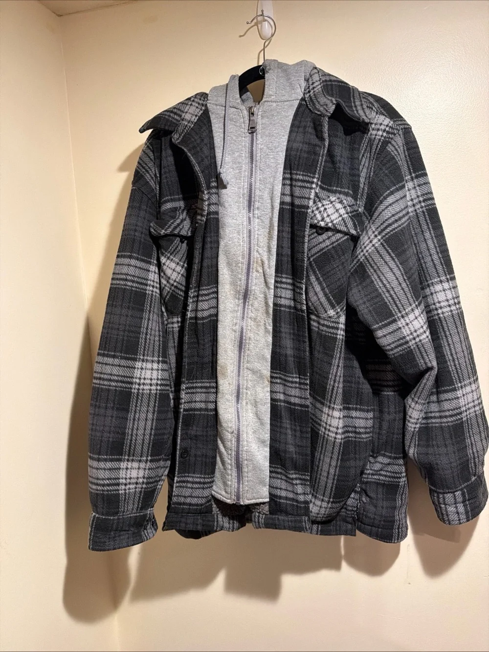 Men's Black & Gray Plaid Layered Shirt Jacket with Gray Zip Hoodie Liner